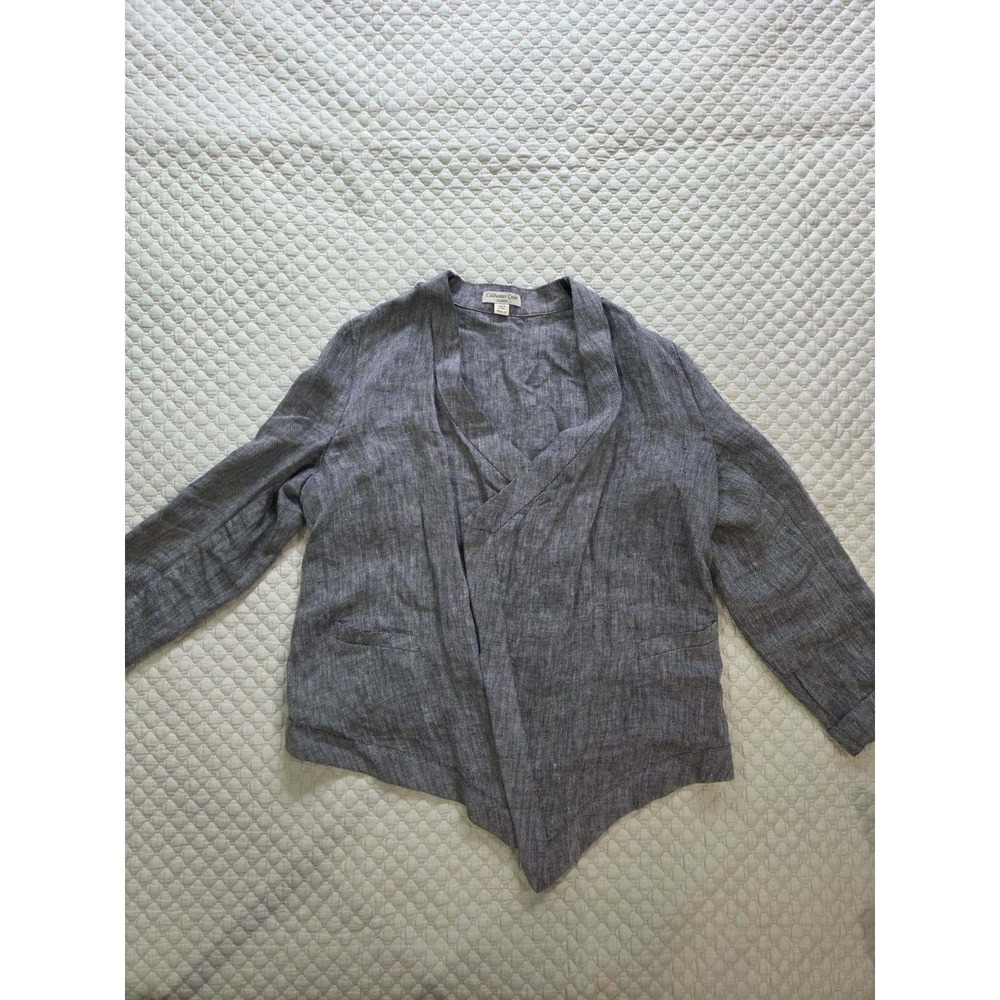 Coldwater Creek Classic Grey Herringbone 100% Linen Open Front Blazer M 10-12
